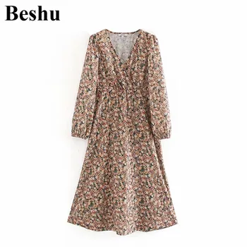 

Fashion za dress women elegant floral print v-neck female dress a-line high waist elastic chiffon mid calf length vestidos