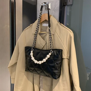 

Large Capacity Pearl Chain Bag For Women 2020 New Vintage Diamond Lattice Shoulder Crossbody Bag Short Travel Pocket A690