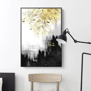 

Modern Nordic Abstract Posters and Prints Golden Tree and Building Canvas Painting Wall Pictures for Living Room Decor Cuadros