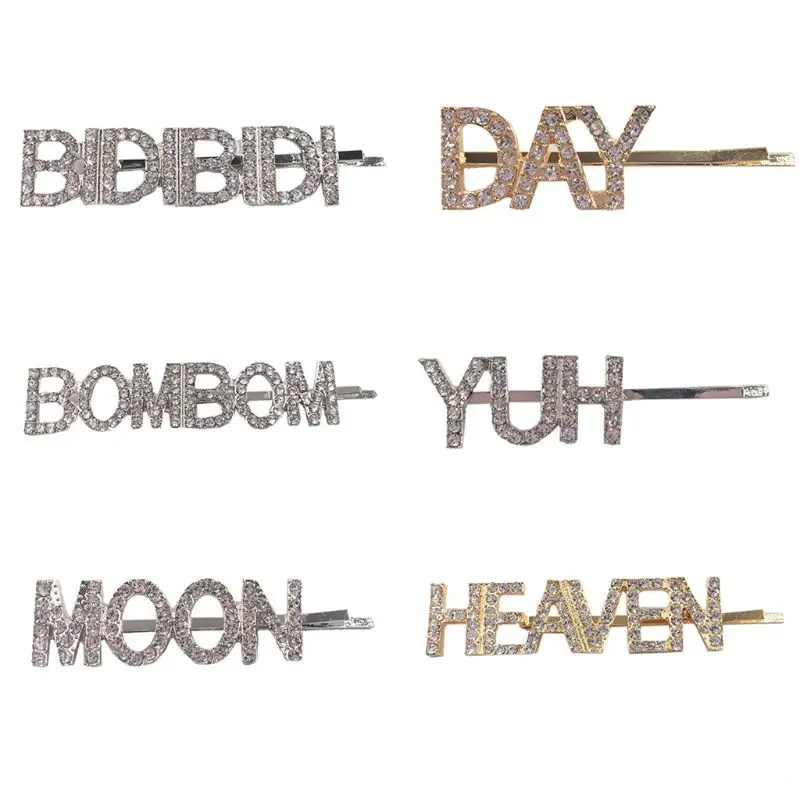 

Womens Glitter Imitation Crystal Hair Clip Heaven Moon Day Letters Styling Alloy Hairpins Jewelry Rhinstone One Word Barrettes