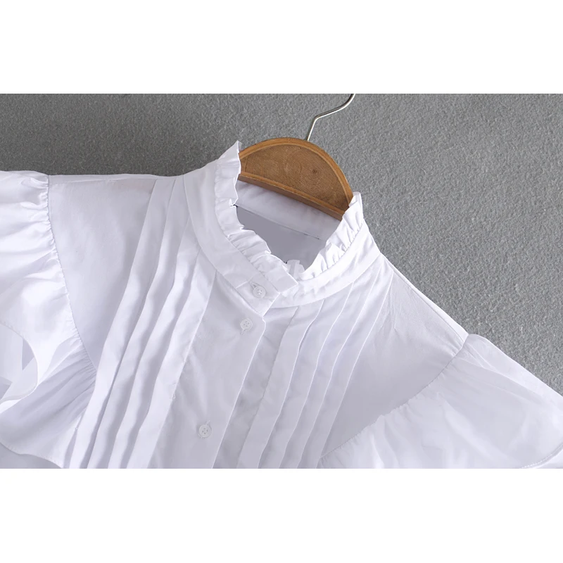  Fashion Za Women Shirt 2019 Casual Solid Ruffles Poplin Stand Collar Shirts Blouses Elegant Ladies 