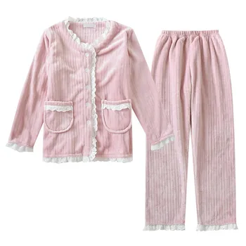 

Fashion Women Flannel Pajamas Set Winter Autumn Warm Pajama Sleepwear V-Neck Pink Pajamas Thick Lace Sleepwear