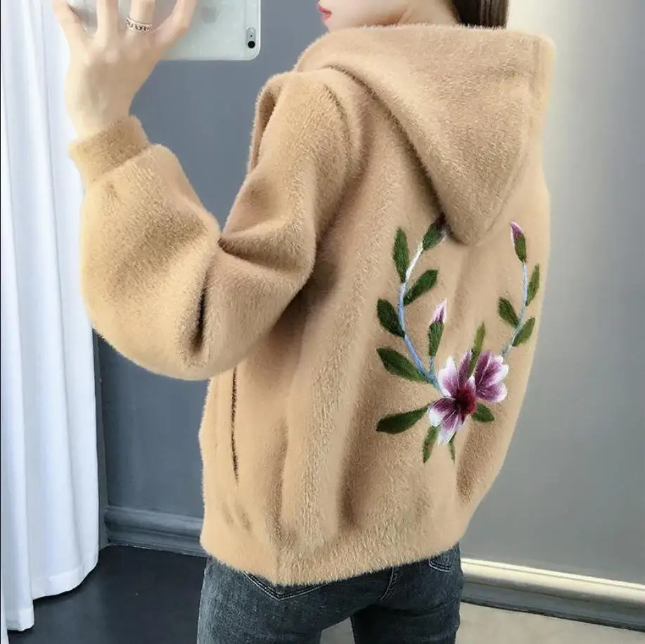 WML khaki Осень Зима Женский Искусственный свитер кашемир с норкой кардиганы женские с капюшоном толстые теплые с вышивкой вязанная Повседневная Верхняя одежда H195 - Цвет: WML khaki