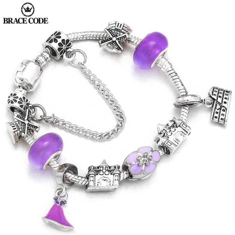 

Purple Charm Flower Castle Pendant Windmill Bead Charm Lady Bracelet, Silver Plated Snake Bone Chain Brand Bracelet Jewelry Gift