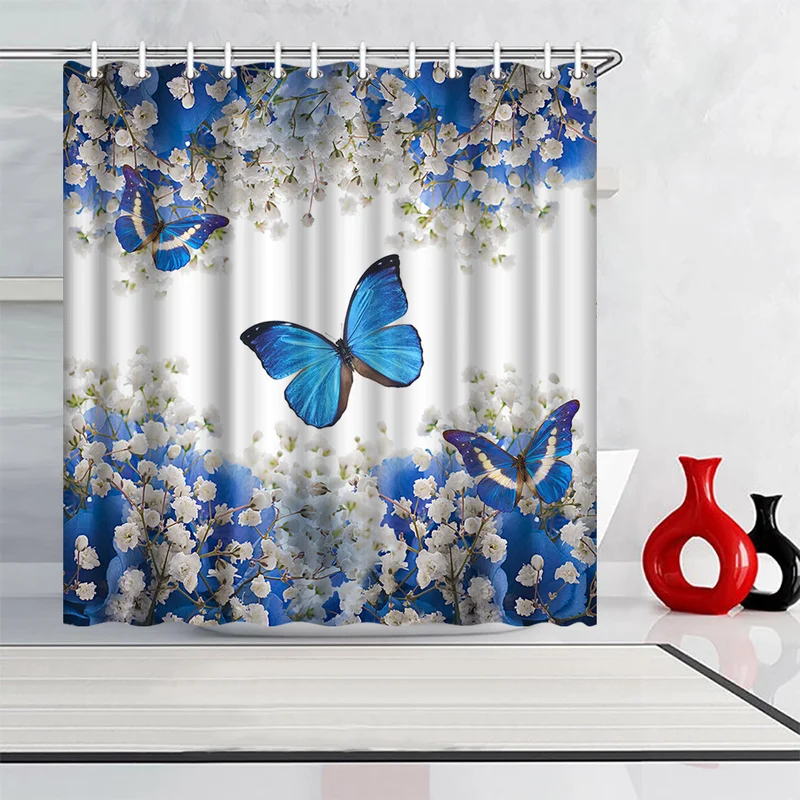 Blue Floral Print Shower Curtain With Free Hooks Waterproof Fabric 180x180cm 