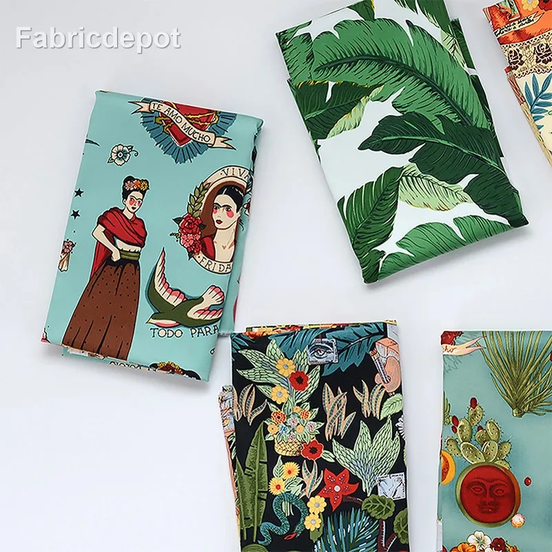 Elegant European Retro Stretch Cotton Satin Fabric - Digital Print for Sewing and Handmade Creations