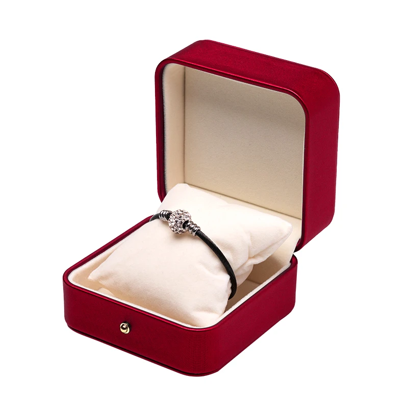

Pu Leather Red Bracelet Jewelry Storage Display Packaging Box Built-in Pillow Card Slot For Female Marriage Wedding Engagement