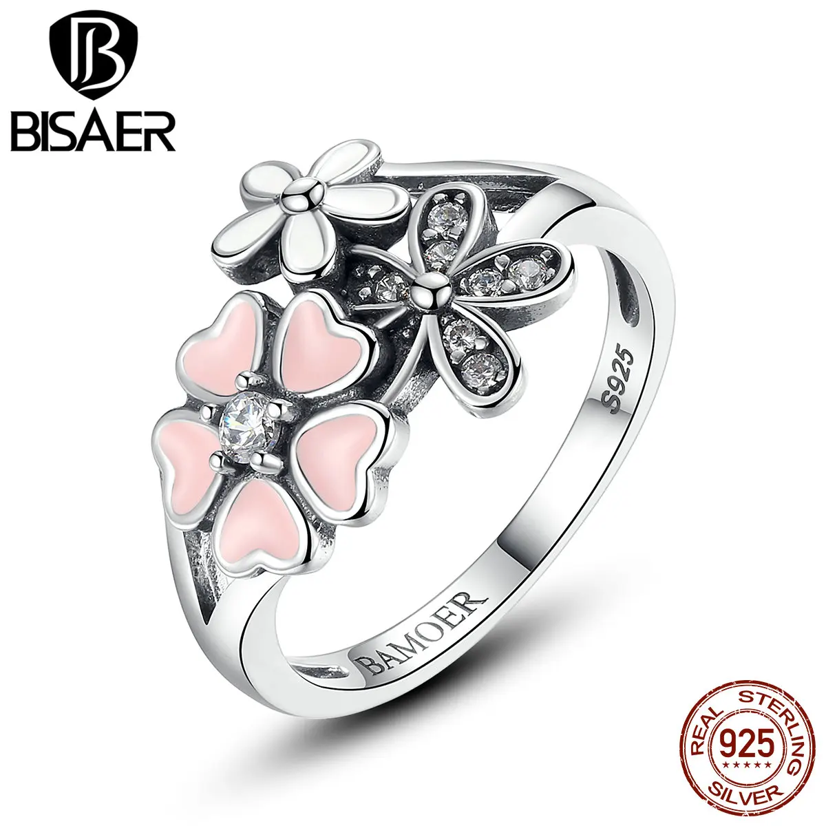 BISAER, 925 пробы, серебряное, розовое, цветочное, поэтическое, ромашка, вишневый цвет, кольцо на палец для женщин, модное свадебное ювелирное изделие HSR004