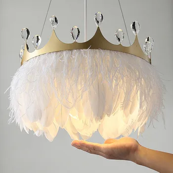 

Tiooka Modern White Feather Pendant Lights Gold Crown Girl's room Hanging Lamp with Crystal Decor for Bedroom Hotel AC110V 220V