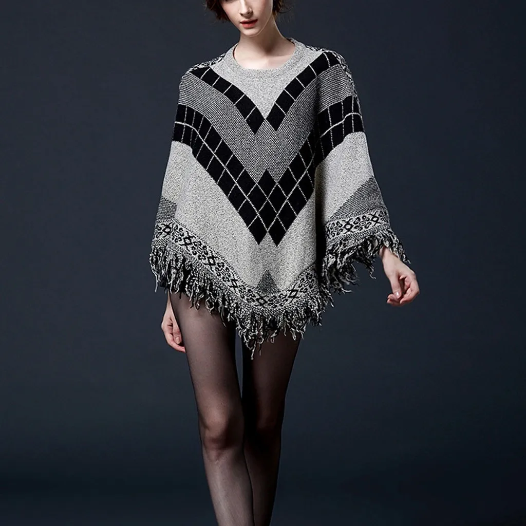 JAYCOSIN New Women Elegant Loose Sweaters Cloak Tassel Bat Sleeve Warm Soft Knitted Angyle Printed Pullover Tops Office Lady 126