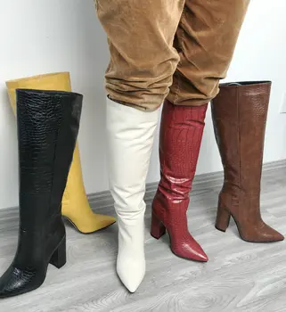 

2019 PU Leather Womens Knee High Boots Winter Shoes Pointed Toe Chunky Heel Tall Boots Black Beige Brown Red Yellow Boots