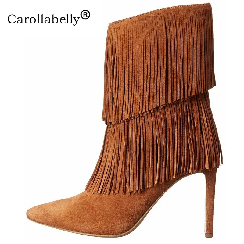 black suede ankle boots with tassels
