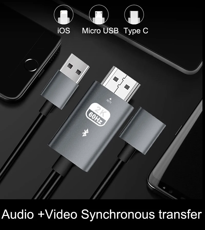 2K 60Hz USB Bluetooth аудио HDMI кабель видео адаптер для Iphone 11 Huawei P20 P30 Pro Samsung Micro Type C IOS Android To
