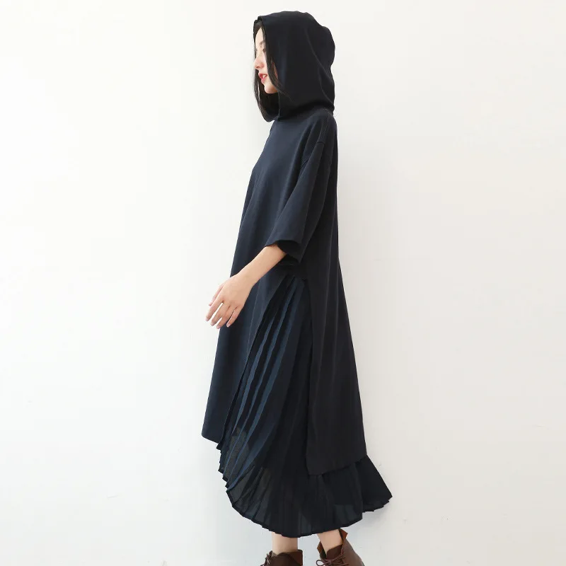 Новое повседневное модное женское платье с рукавом три четверти осеннее свободное винтажное однотонное женское платье с капюшоном