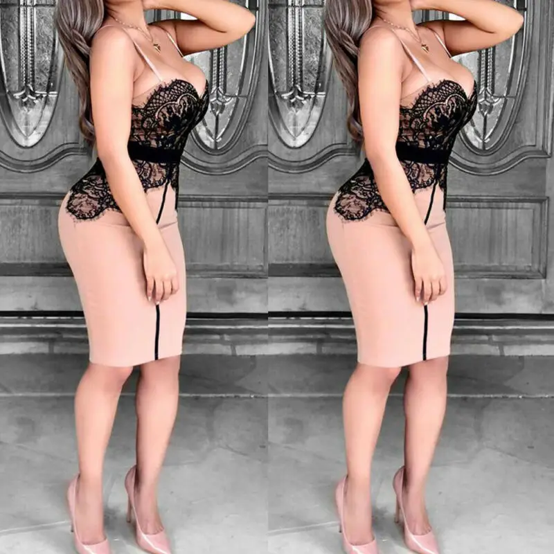 

Women Dresses Summer Sexy Style Lace Decoration Sheath Silhouette Sleeveless Patchwork Pattern Type Spaghetti Strap