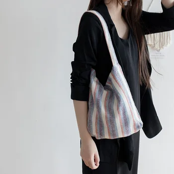 

New Korean Canvas Shoulder Bags for Women 2020 Casual Stripe Cotton Cloth Tote Bag Designer Female Handbag Eco Shopping Bags
