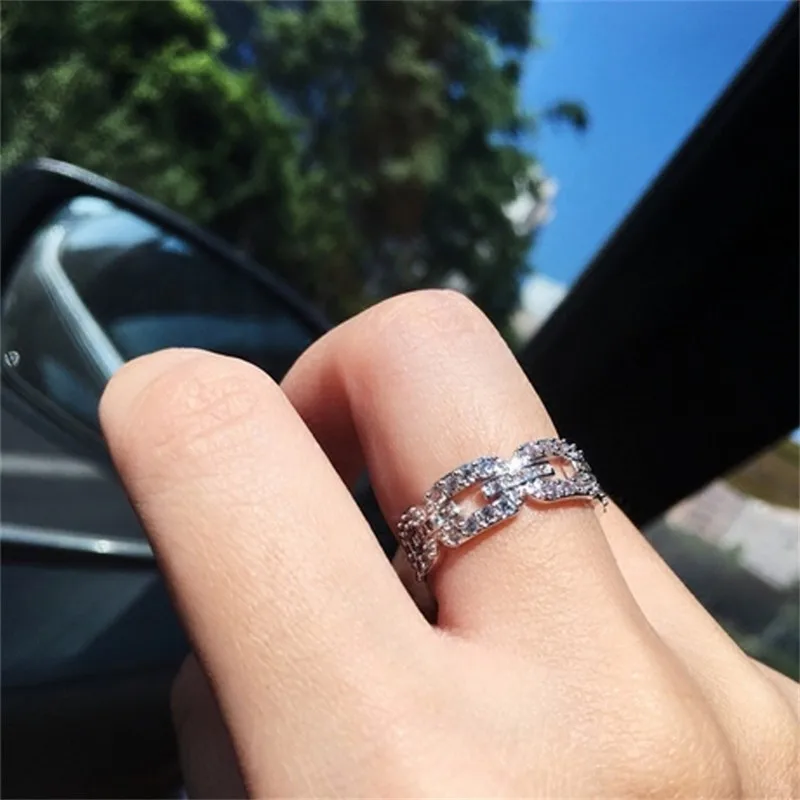 

Sparkling Chain painting full Diamond Rings Luxury 100% 925 Sterling Silver Wedding Rings For Women New Brand Jewelry gift