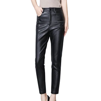 

Genuine Leather Pants Women Real Sheepskin Trousers High Waist New Fashion Korean Style Solid Trendy Office Lady Pencil Pants