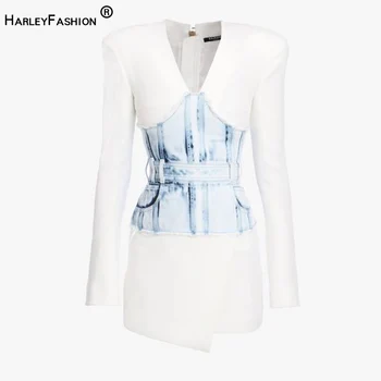 

HarleyFashion Newest Arrval Sexy V-neck Luxurious Design Slim Straight Mini Dresses Denim Patchwork Elegant Fashion Style Dress