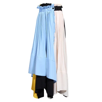 

Women Off Shoulder Summer Dress Colorblock Asymmetrical High Waist Pleated Midi Dress