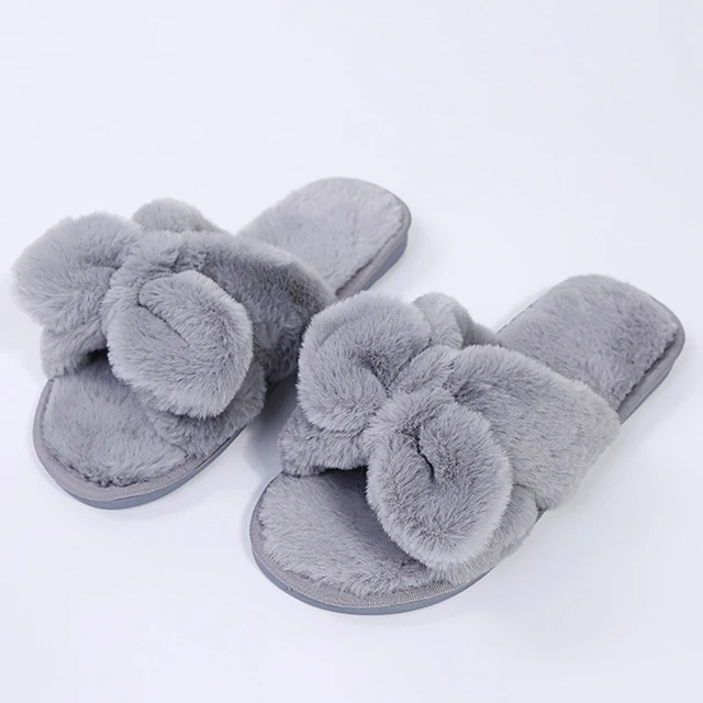 Winter Women House Slippers Faux Fur Fashion Warm Shoes Woman Slip on Flats Female Slides Black Pink cozy home  furry slippers Bow Gray