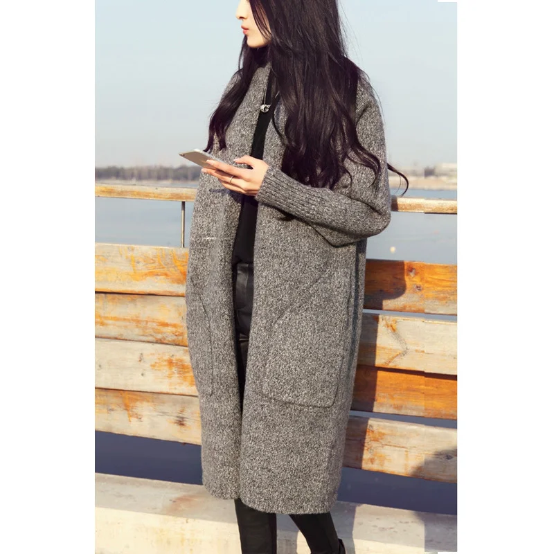 Осень зима длинный кардиган женский модный однотонный Свободный вязаный свитер корейский с карманами и v-образным вырезом повседневные топы Джерси Mujer