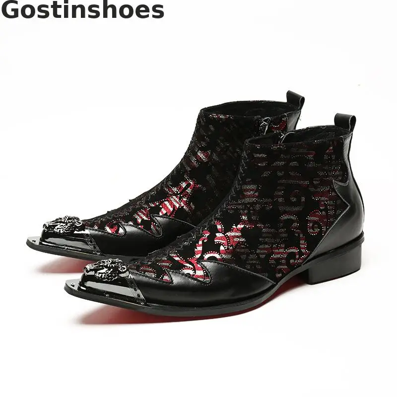 

Fashion Men Boots Black Genuine Leather Men Ankle Boots Side Zipper Metal Capped Toe Pointed Martin Short Work Boots Low Heel
