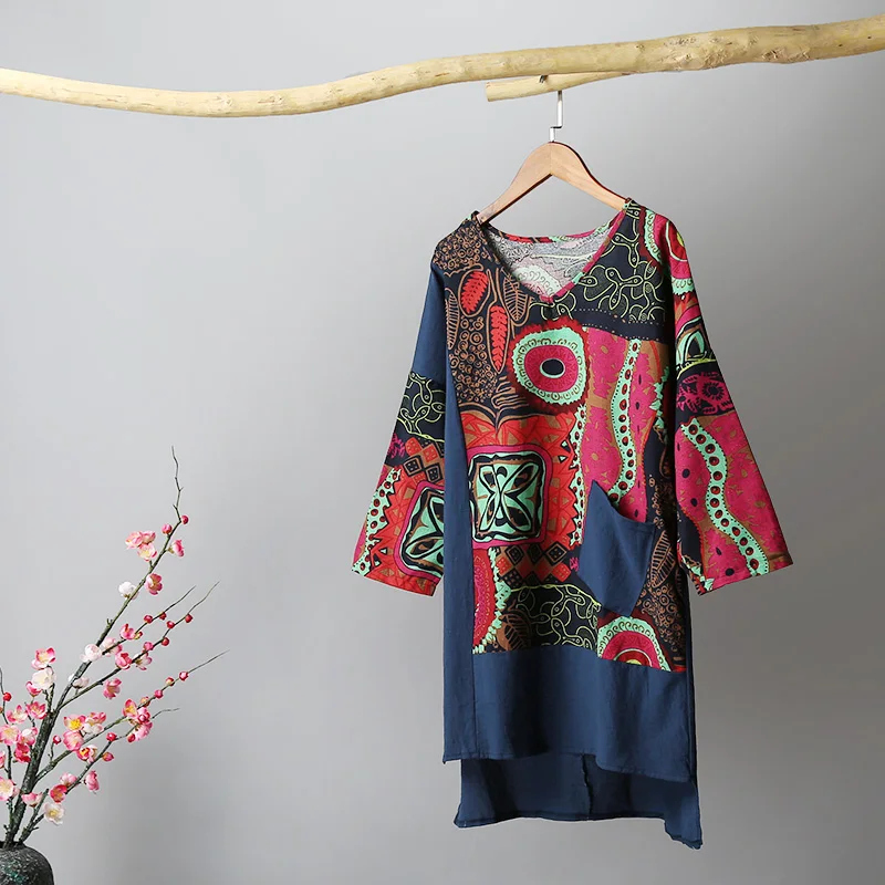 Женское льняное Хлопковое платье 3XL 4XL 5XL размера плюс, винтажное платье с принтом, v-образный вырез, половина рукава, неровный разрез, ретро платье