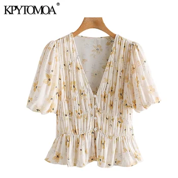 

KPYTOMOA Women 2020 Fashion Floral Print Ruffled Buttons Blouses Vintage V Neck Puff Sleeve Female Shirts Blusas Chic Tops