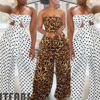 

2020 Female 2pcs Clothes Set Sexy Women Chest Wrap Polka Dot Knot Front Strapless Summer Sets Jumpsuits