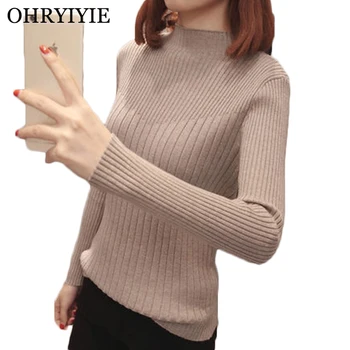 

OHRYIYIE Khaki Half Turtleneck Pullovers and Sweaters Women 2019 Autumn Winter Long Sleeve Slim Knit Sweater Female Jumper Tops