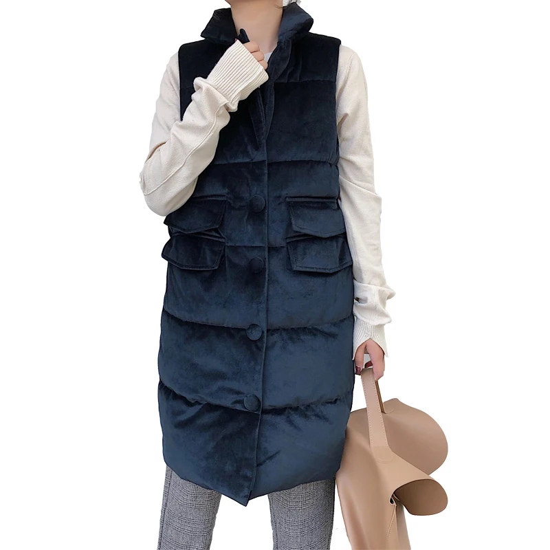 Women long vest Thick winter waistcoat velvet front button back waist with elastic slim fit size M-XXL, 6colors drop shipping