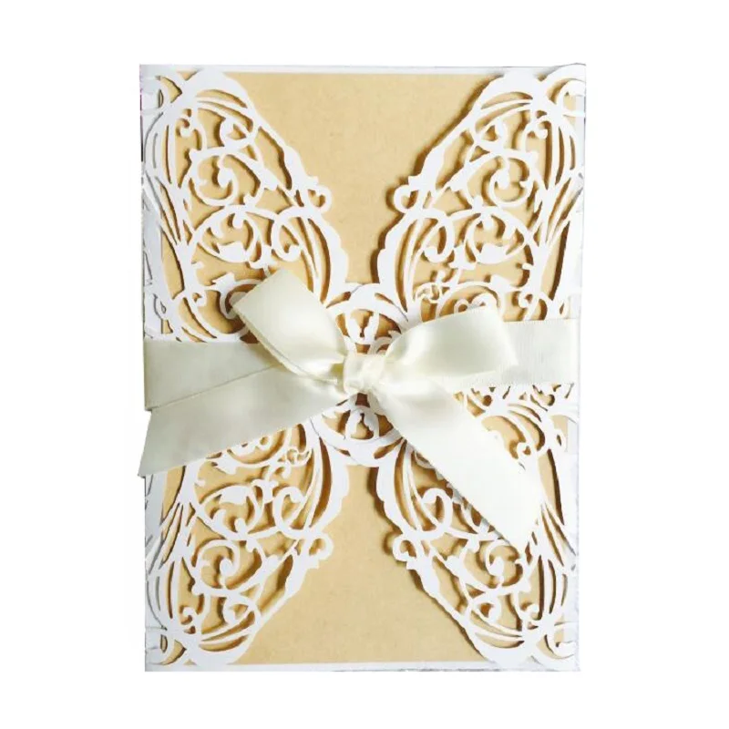 50pcs White Laser Cut Wedding Invitations Cards Lace Hollow Invite Card with Ribbon Party Favors | Дом и сад
