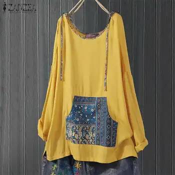 

2020 Spring Long Sleeve Shirts ZANZEA Women Hooded Blouse Casual Vintage Printed Patchwork Tunic Tops Female Chemise Blusas Robe