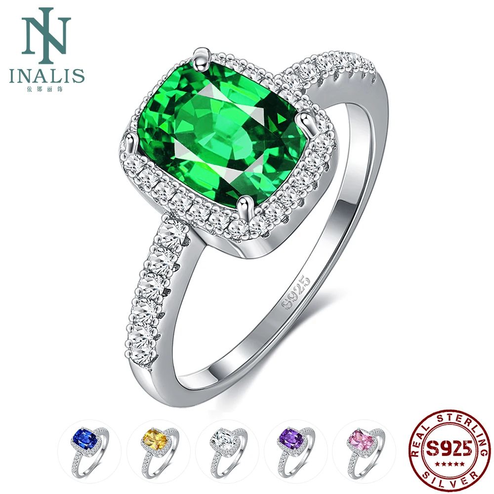 

INALIS 6 Colors Real Sterling Silver 925 Jewelry Emerald Gemstone Rings For Women New Fashion Wedding Party Ring With 5A Zircon