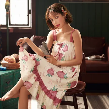 

Summer Thin Women Nightgown cute Night Dress Sleepwear Cotton Cartoon Strawberry sexy Woman Dresses Homewear Gril Clothing XXL