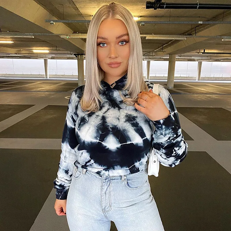 

Tie Dye Back Cut Out Bandage Hoodie Women Europe and America Simple Fashion Sexy Versatile Sports