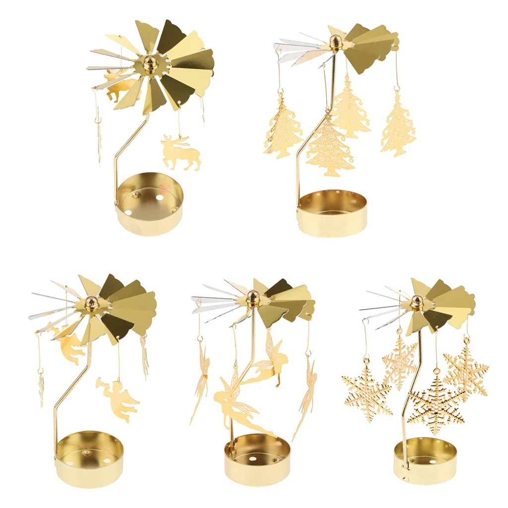 5Pcs Christmas Decor Rotating Candle Tea Light Holder Candlestick Gold
