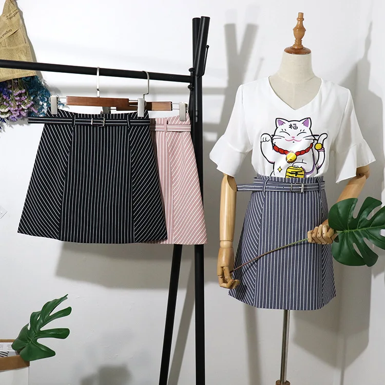 

[Attachment] 2019 Korean-style New Style Stripes Skirt High-waisted A- line Skirt CHIC Versatile with Belt Short Skirt 6613