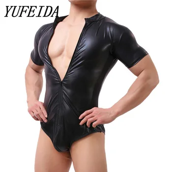 

Men Bodysuits Faux Leather Shorts Sleeve Zipper Crotchless Jumpsuits Latex Catsuits Crotchless Gay Body Suit One Piece Underwear