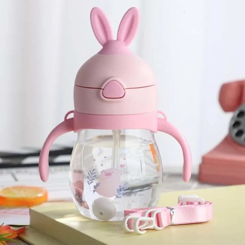 Милая детская чашка для питья, противопадающая, для детского сада, детская чашка с рисунком, герметичная, портативная, с ручкой, соломенная чашка - Цвет: Pink DX Rabbit