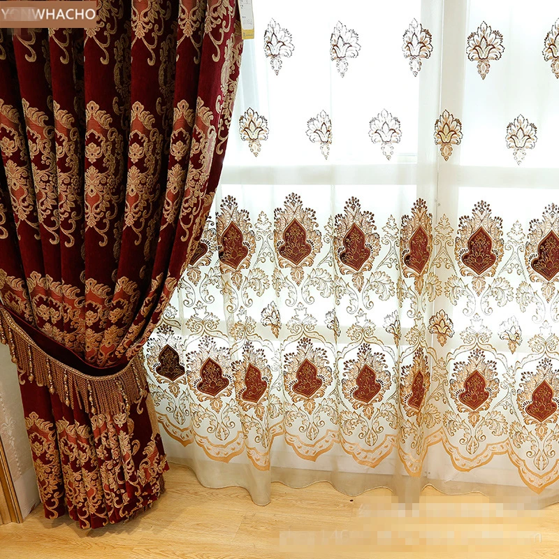 Custom curtain luxury living room noble European embroidered red thick chenille cloth blackout curtain tulle valance drapes B625