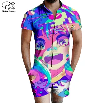 

PLstar Cosmos summer Hatsune Miku 3D Printed Zipper Jumpsuit Short Sleeve One Piece Casual Overalls Outfits women for men
