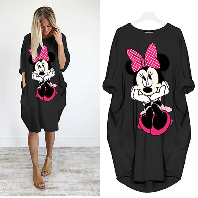 Disney Plus Size Midi Dress Long Sleeve Robe Casual Minnie Mickey Mouse Print Beach Loose Dresses Kawaii Sundress Women Clothing D002H1686 Black