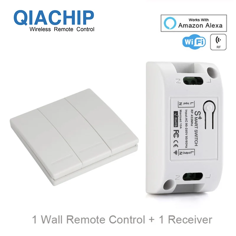 

QIACHIP RF WIFI Wireless 10A IOS Android 2200W AC 90-250V Smart Home Light Switch Module + 86 Wall Panel Wireless Transmitter