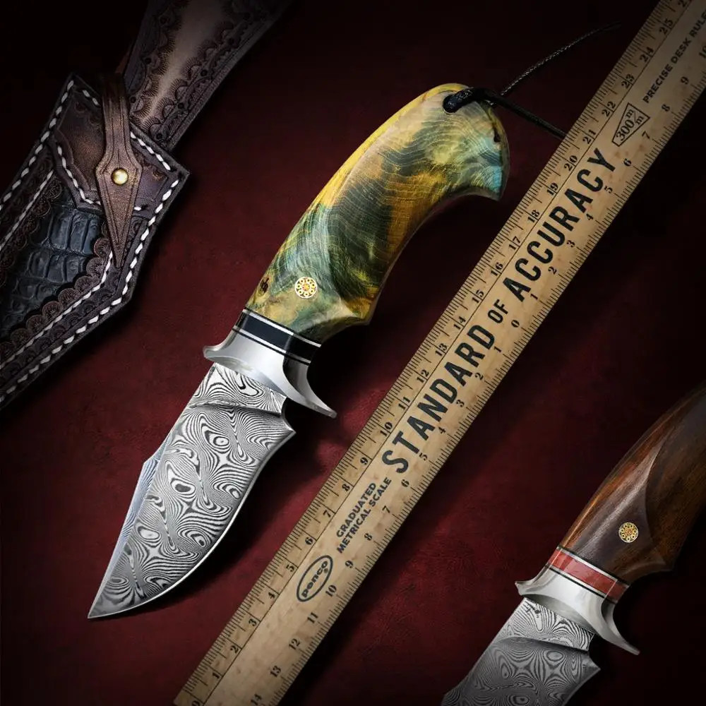 TUREN Damascus Steel Hunting Knife with Sheath 3.6inch Desert Ironwood/Stabilized Wood Fixed Blade Knives Tactical Camping | Инструменты