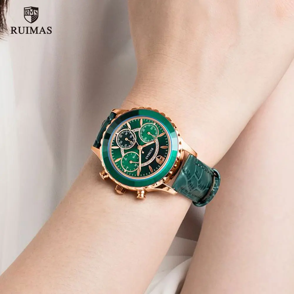 RUIMAS Women's Chronograph Quartz Watches Luxury Green Leather Wristwatch Lady Female Watch Top Brand Relogio Feminino Clock 592