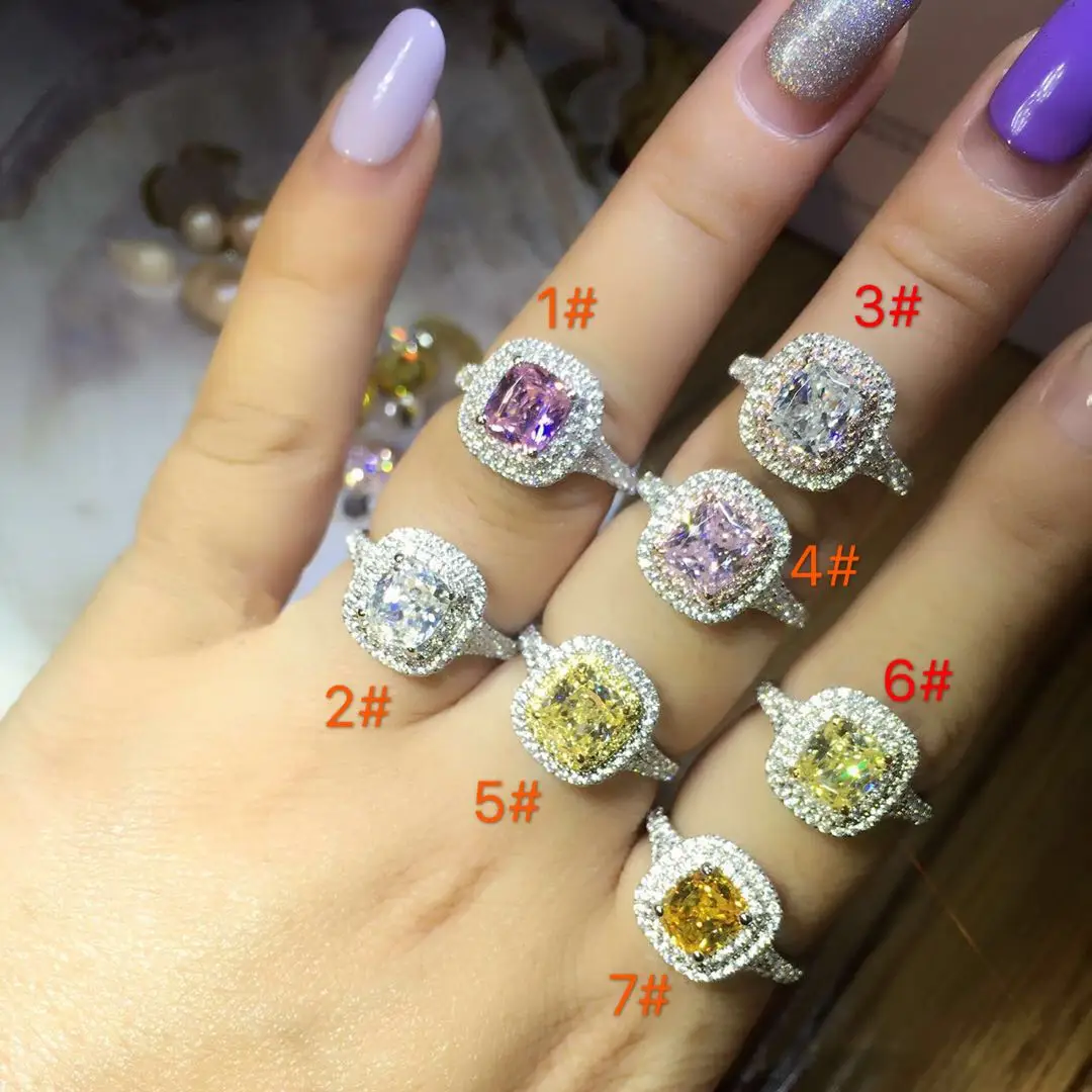 

TR523 Cushion Cut Rings Set 925 Sterling Silver White Gold Color 2CT Synthetic Gem Rings with Wedding Bands