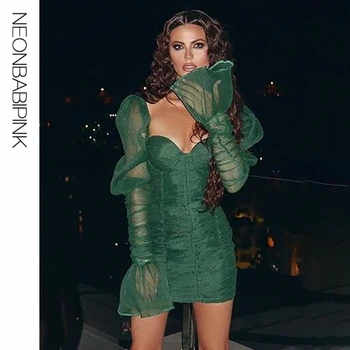 

NEONBABIPINK Green Sheer Mesh Puffy Flare Sleeve Bodycon Mini Dress Sexy Club Dresses Woman Party Night 2020 Spring N55-AI38