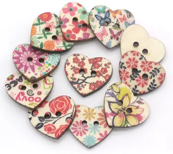18mm 100 Pcs Multi-Color 2 Holes DIY Heart Shaped Decorative Button DIY Wood Buttons for Sewing Clothing Crafts